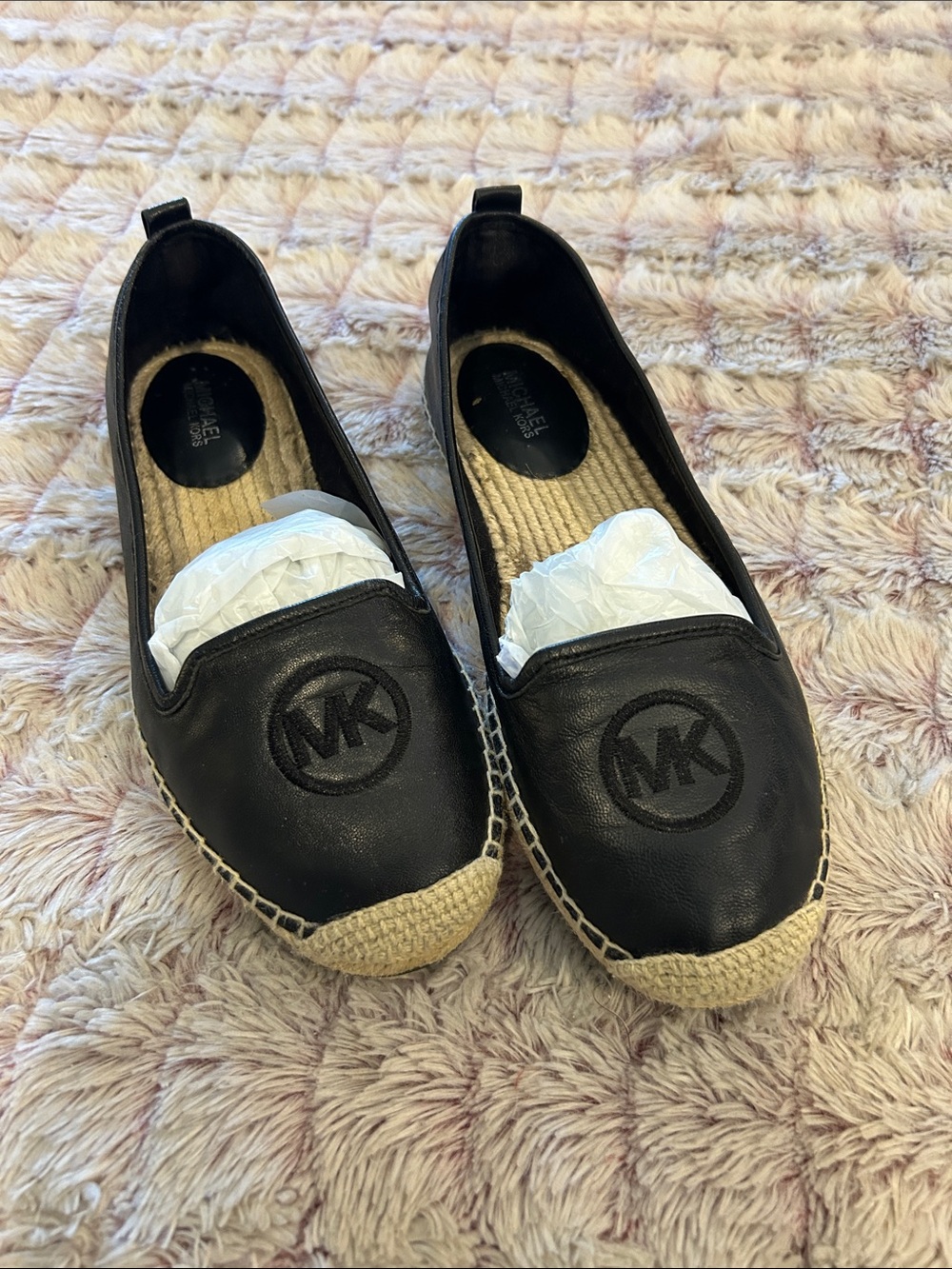 Michael Kors Black Leather MK Logo Espadrille Flats with Jute Toe size 7.5